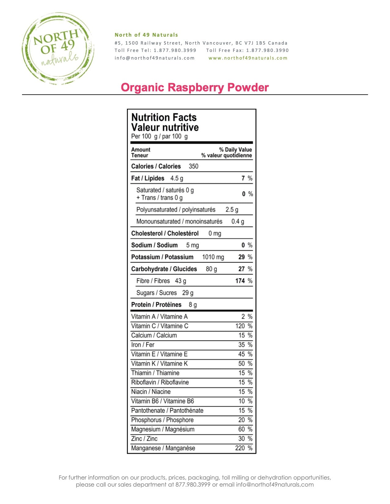 Organic Raspberry Powder Nutritional Facts
