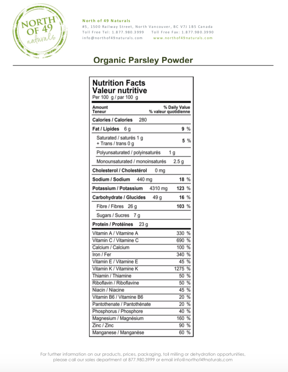Organic Parsley Powder Nutritional Facts